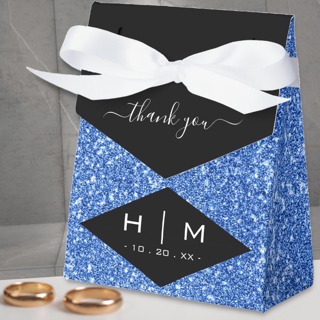 Black & Blue Glitter Cute Chic Thank You Wedding Favor Box (black & blue glitter monogram thank you favor box)
