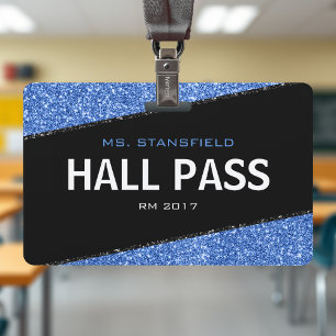 Black & Blue Glitter School Teacher Hall Pass Badge