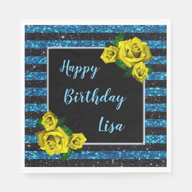 Black Blue Glitter Stripes Yellow Roses Birthday Napkin (Front)
