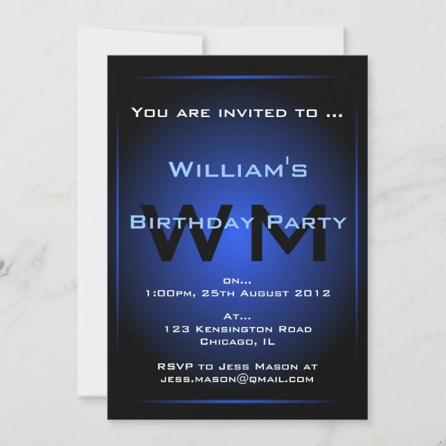 Black & Blue Glow Monogram Sci-fi - Invitation (Front)