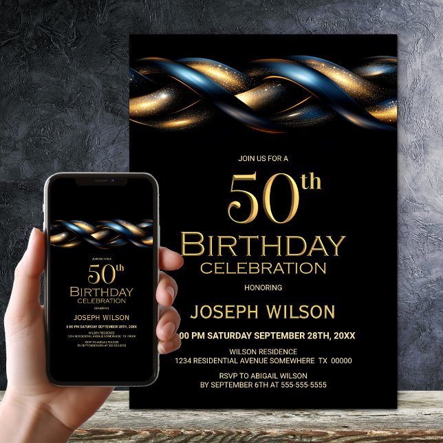 Black Blue Gold 50th Birthday Party Invitation (Creator Uploaded)