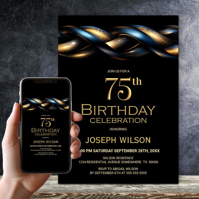 Black Blue Gold 75th Birthday Party Invitation (Creator Uploaded)