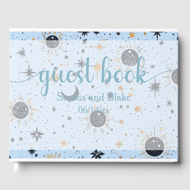 Black Blue Gold Celestial Sun Moon Stars Wedding Guest Book (Front)