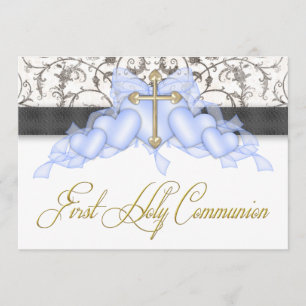 Black Blue Gold Cross Boys Blue First Communion Invitation