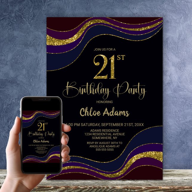 Black Blue Gold Glitter 21st Birthday Party Invitation (Creator Uploaded)