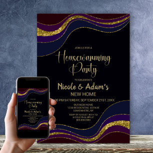 Black Blue Gold Glitter Housewarming Party Invitation