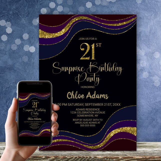 Black Blue Gold Glitter Surprise 21st Birthday Invitation (Creator Uploaded)