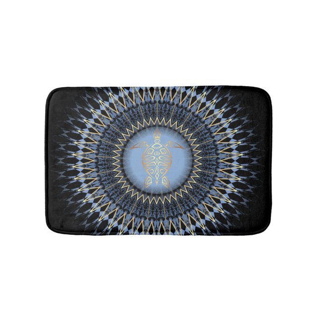 Black Blue Gold Mandala Turtle Bath Mat (Front)