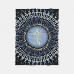 Black Blue Gold Mandala Turtle Coastal Fleece Blanket