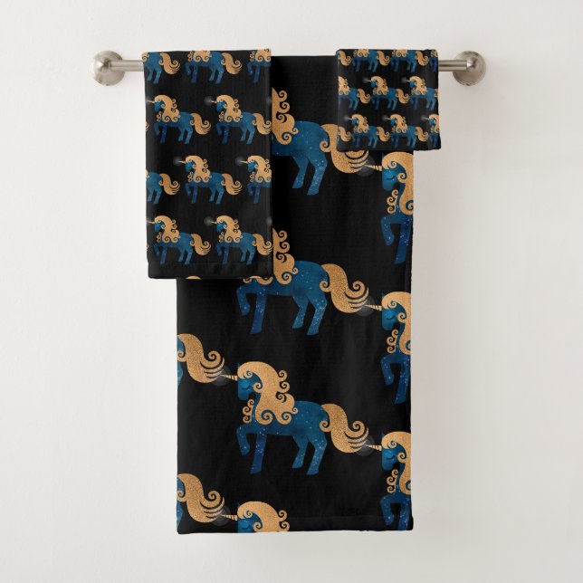 BLACK BLUE GOLD UNICORN BATHROOM TOWEL  (Insitu)