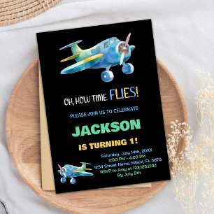 Black Blue Green Airplane Birthday Invitations