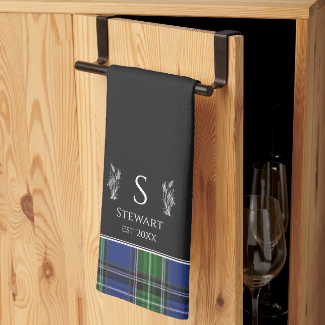 Black Blue Green Tartan Plaid Custom Name Monogram Kitchen Towel (Thirds Fold)