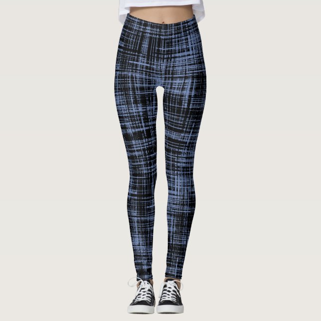 Black Blue Grey Abstract Stripe Pattern Leggings (Front)