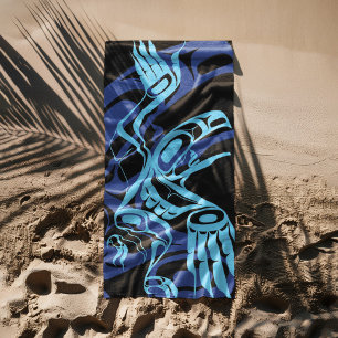Black Blue Haida Eagle Thunder Bird Native Art Beach Towel