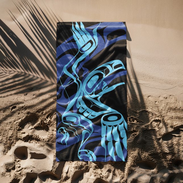 Black Blue Haida Eagle Thunder Bird Native Art Beach Towel (Creator Uploaded)