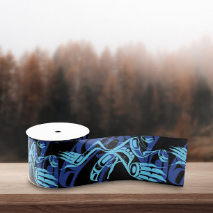 Black Blue Haida Eagle Thunder Bird Native Art Grosgrain Ribbon