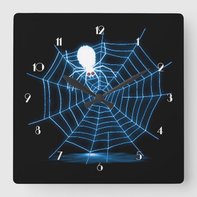Black & Blue Halloween Spider Web Wall Clock (Front)