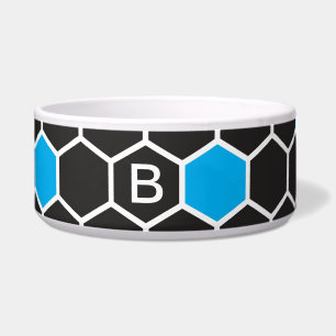 Black Blue Hexagon Monogram Ceramic Pet Bowl