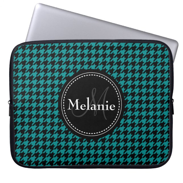 Black Blue Houndstooth Monogrammed Pattern Laptop Sleeve (Front)