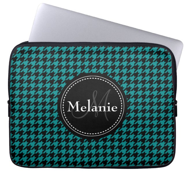 Black Blue Houndstooth Monogrammed Pattern Laptop Sleeve (Front)