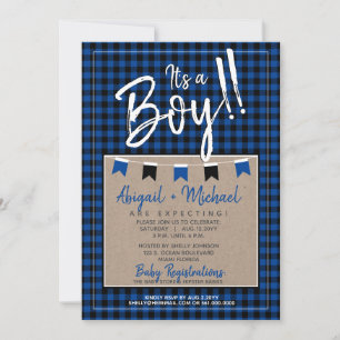 Black + Blue It's A Boy Buffalo Plaid Baby Shower Invitation
