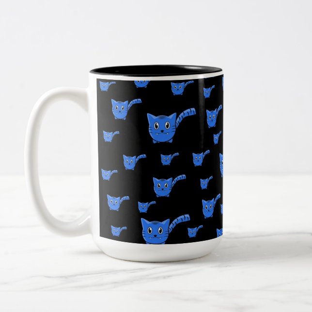 Black & Blue  Kitty Pattern Two-Tone Coffee Mug (Left)