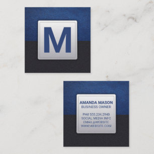 Black Blue Leather   Monogram Square Business Card