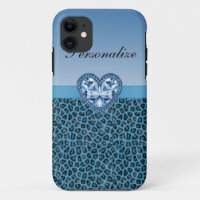 Black & Blue Leopard Print & Bling Heart