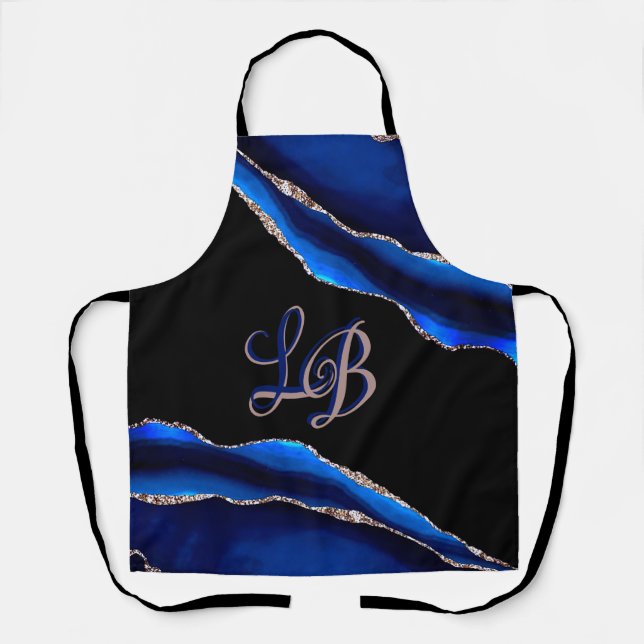 BLACK BLUE MARBLE AGATE GOLD GLITTER INITIAL APRON (Front)