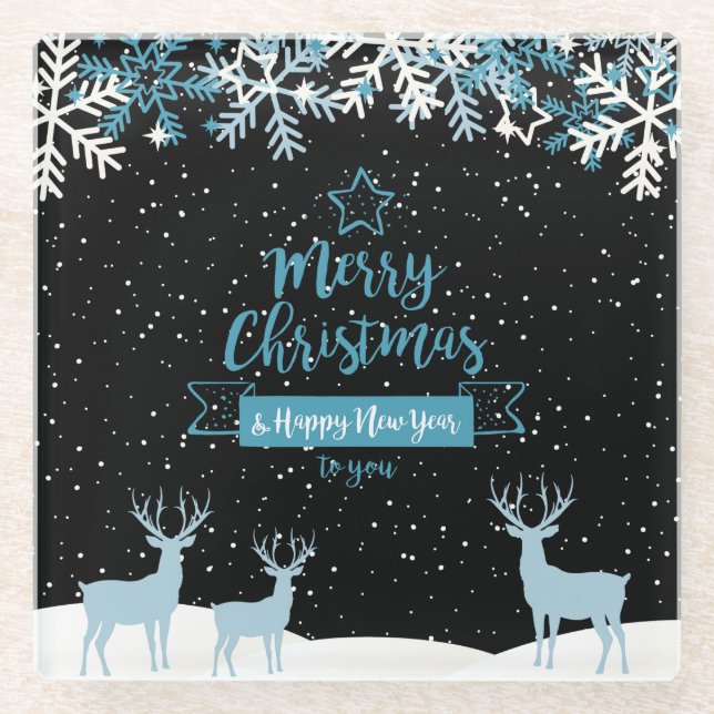 Black Blue Merry Christmas Glass Coaster (Front)
