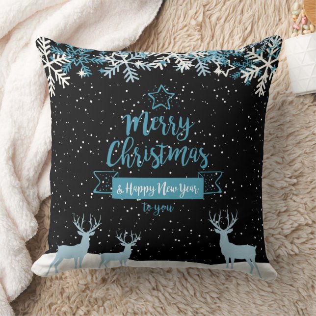 Black Blue Merry Christmas Throw Pillow (Blanket)
