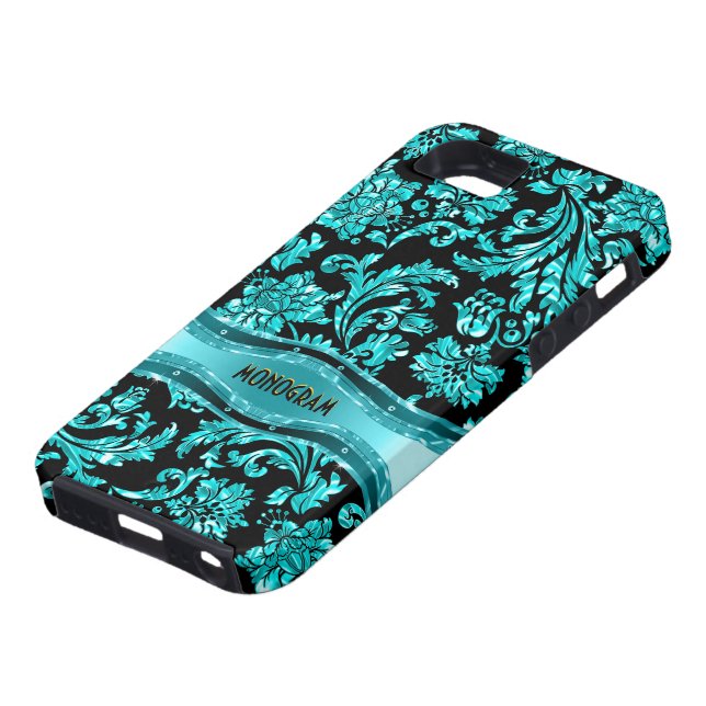 Black & Blue Metallic Floral Damasks-Customized Case-Mate iPhone Case (Bottom)