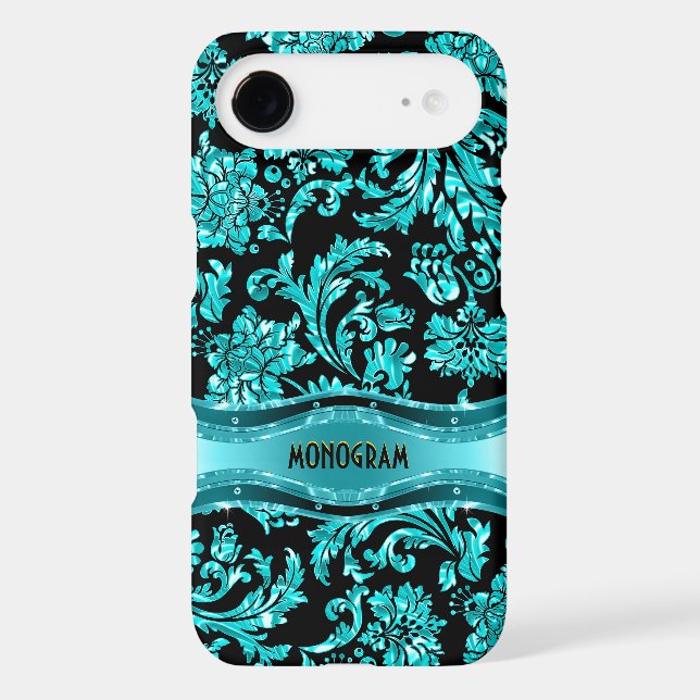 Black & Blue Metallic Floral Damasks-Customized Case-Mate iPhone Case (Back)