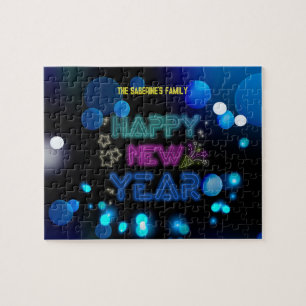 Black & Blue Midnight Sparkle Neon Glow New Year  Jigsaw Puzzle