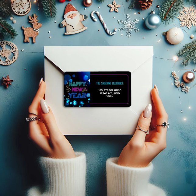 Black & Blue Midnight Sparkle Neon Glow New Year  Label (Creator Uploaded)