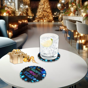 Black & Blue Midnight Sparkle Neon Glow New Year Paper Coaster