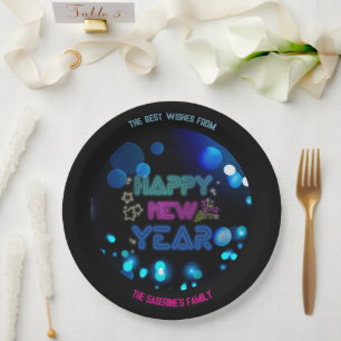 Black & Blue Midnight Sparkle Neon Glow New Year Paper Plate