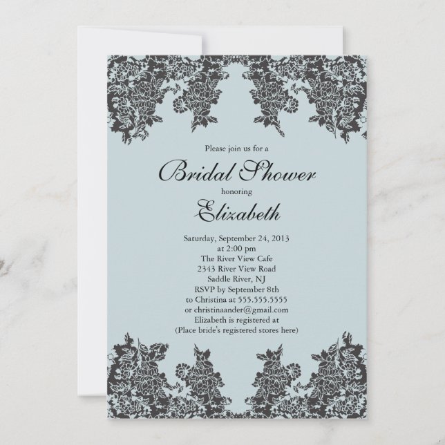 Black & Blue Modern Lace Floral Bridal Shower Invitation (Front)