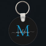Black Blue Monogram Name Elegant Modern Script Keychain<br><div class="desc">Simple Black Ocean Blue Monogram Elegant Modern Script Keychain</div>
