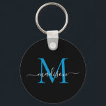 Black Blue Monogram Name Elegant Modern Script Keychain<br><div class="desc">Simple Black Ocean Blue Monogram Elegant Modern Script Keychain</div>