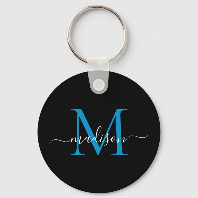 Black Blue Monogram Name Elegant Modern Script Keychain (Front)