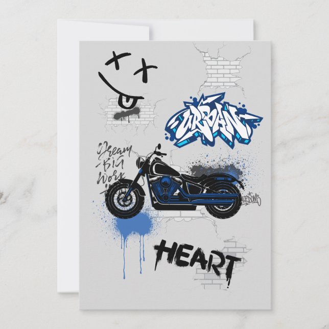 Black & blue motorbike graffiti grey invitation (Front)