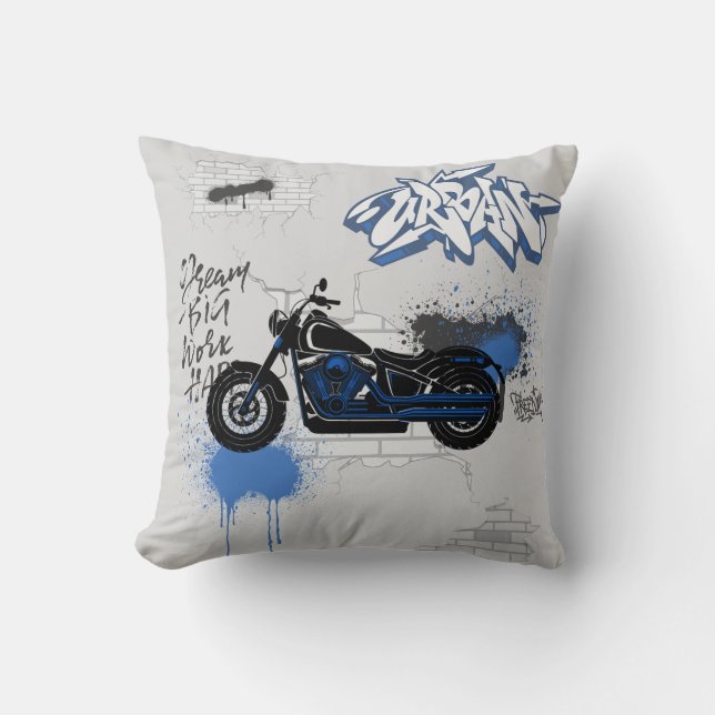Black & blue motorbike graffiti grey throw pillow (Front)