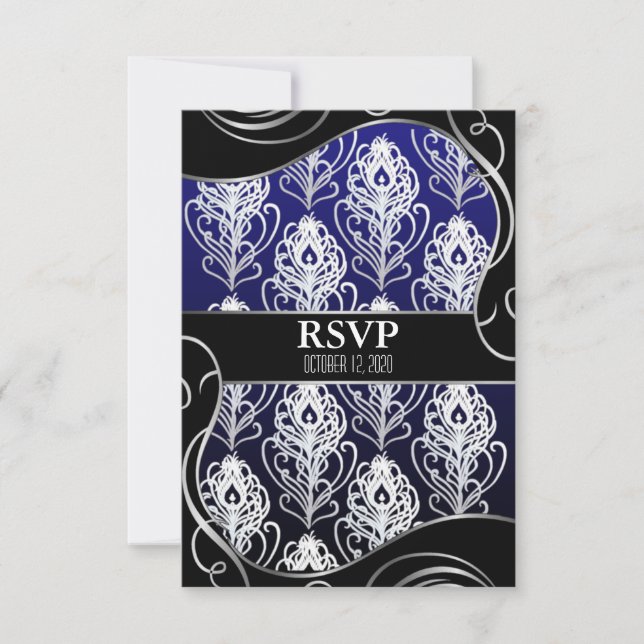 Black & Blue Peacock Feather Wedding RSVP Cards (Front)