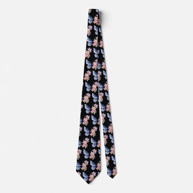 Black Blue Pink Gold Rose Butterfly Pattern Tie (Front)