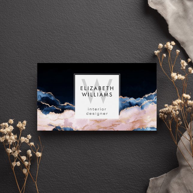 Black Blue Pink Rose Gold Monogram Business Cards (Creator Uploaded)
