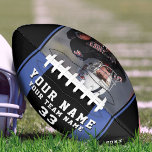 Black Blue Player Name Number Team Photo  Football<br><div class="desc">Black Blue Player Name Number Team Photo Football. Personalize it with player photo,  name,  team name,  player number and year. The text is trendy white on a black background with a blue stripes. A perfect gift for a football player,  teammate or coach. A great keepsake for a football player.</div>