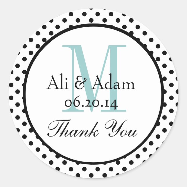 Black Blue Polka Dots Wedding Favour Thank You Classic Round Sticker (Front)