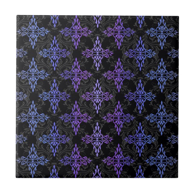 Black Blue Purple Double Damask Pattern Tile (Front)