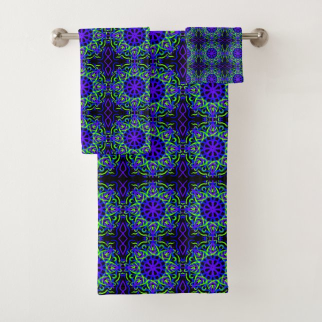 Black Blue Purple Lime Green Mechanical Drawing Bath Towel Set (Insitu)